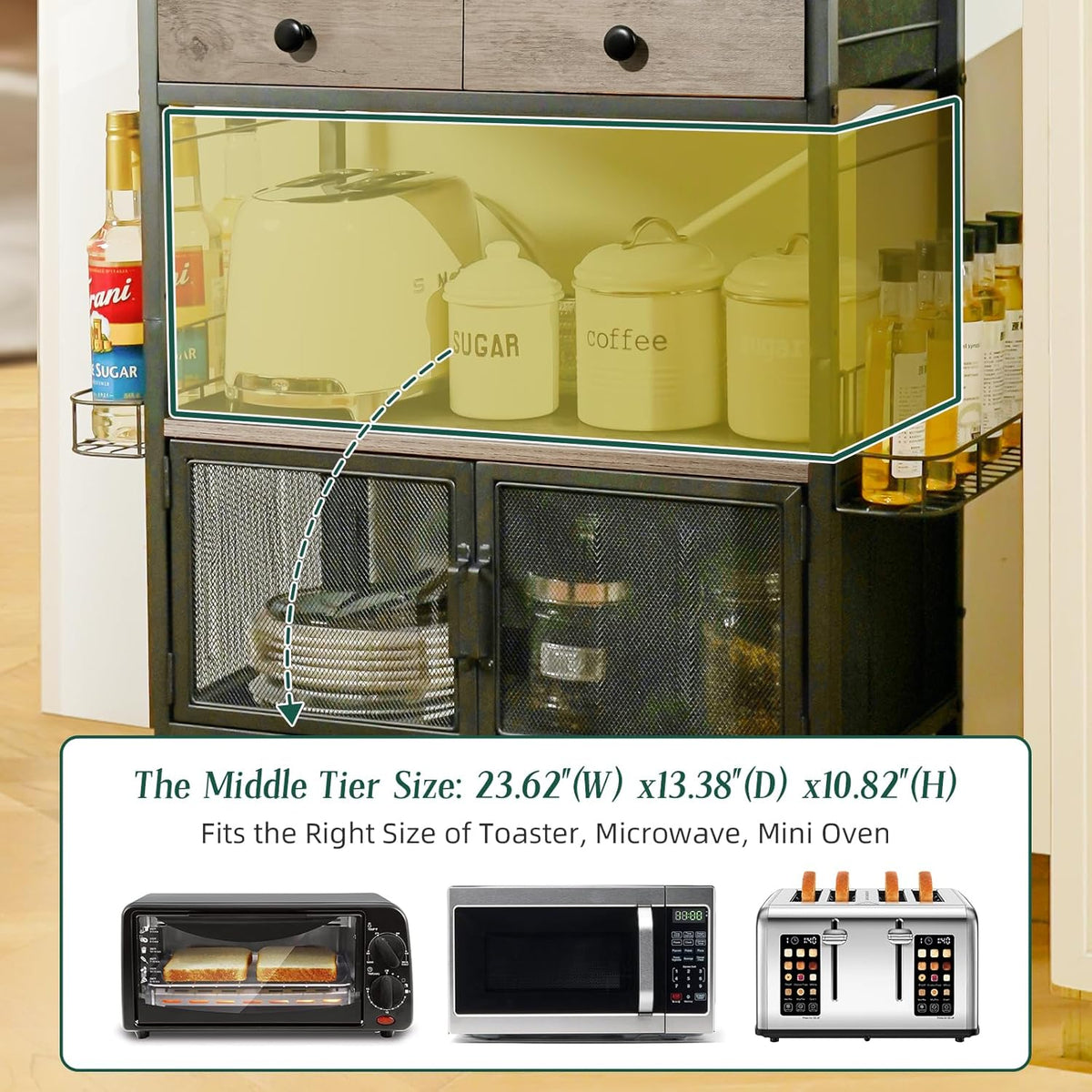 Coffee Bar Cabinet with Storage, Coffee Cart with Wheels, Coffee Station with Coffee Bar Sign and Mug Hook, Corner Coffee Bar Table with Drawer, Bakers Rack for Kitchen Dining Room Living Room Nook