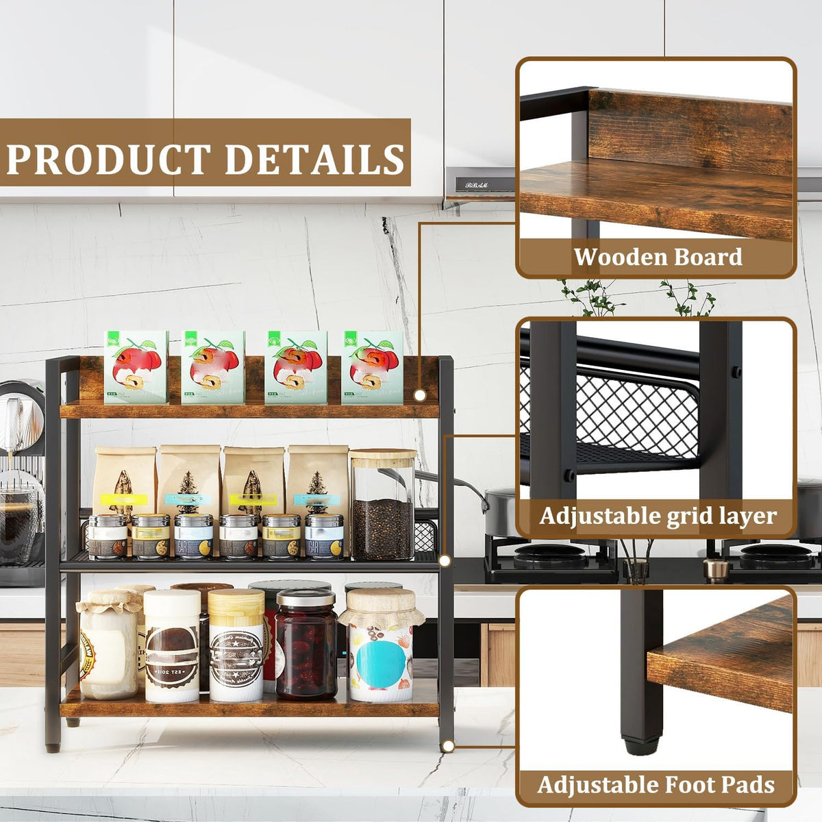 IBUYKE 3-Tier Spice Rack Industrial Counter Shelf Desktop Storage Organizer Standing Seasoning Rack for Countertop Kitchen Office Living Room Desktop Rustic Brown UTLJ021H