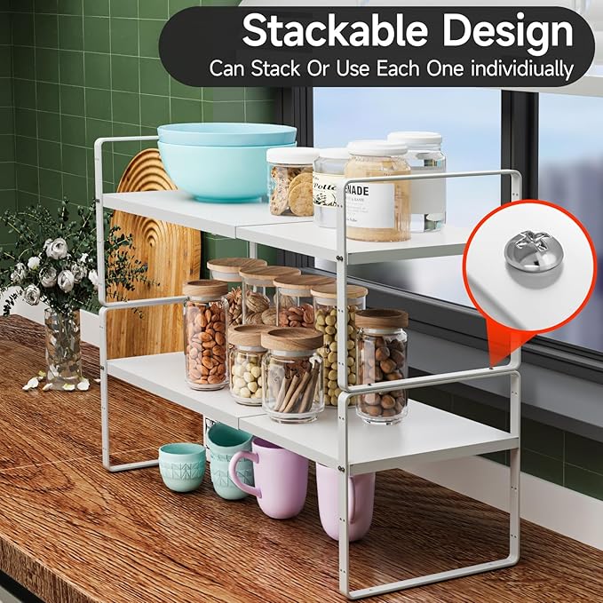 2Pack 16.5-27’’L Expandable Kitchen Shelf Organizer, Stackable Shelves Organizer, Adjustable Height Pantry Spice Rack for Cabinet, Countertop, Pantry and Cupboard, White