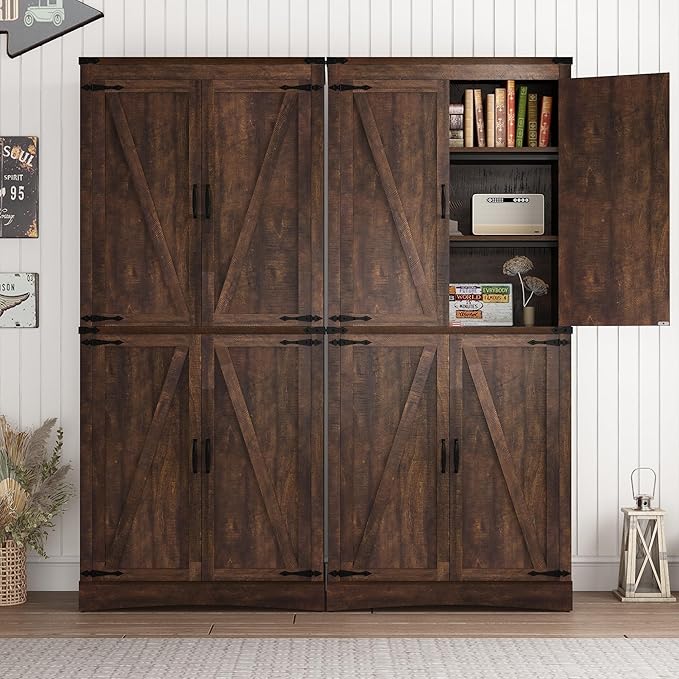 71in Farmhouse Kitchen Pantry Cabinet,Tall Storage Cabinet with 4 Doors and Adjustable shelves,with Load-Bearing Steel Pipe,Wood Storage Cabinets for Kitchen,Dining Room,Bathroom(Brown)