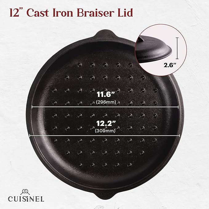 Cuisinel Cast Iron Lid - Fits 12"-Inch / 30.48-cm Lodge Skillet Frying Pans or Braiser + Silicone Handle Holder + Care Guide - Pre-Seasoned Replacement Cover - Indoor/Outdoor, Oven, Fire, BBQ Safe