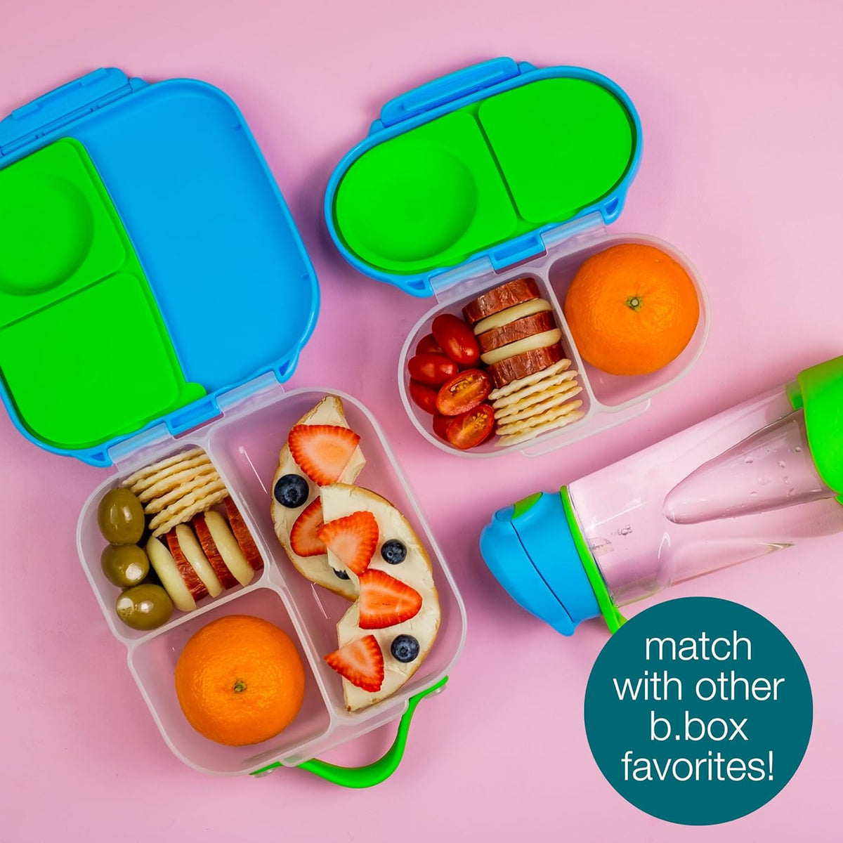 b.box Snack Box Reusable Snack Containers with Lids 2 compartments, Bento Box for kids and toddlers, Leakproof Lunch Box, BPA free and Dishwasher Safe Snack Container (Blush Crush, 1 3/4 Cup)