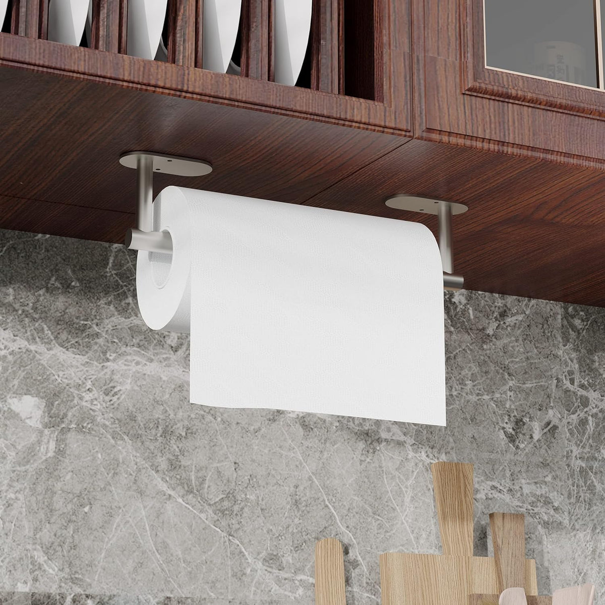 Ruacq Brushed Nickel Paper Towel Holder Self Adhesive Double Post Pivoting Round Base Under Cabinet Paper Towel Holder for Kitchen Self-Adhesive or Drill mounting