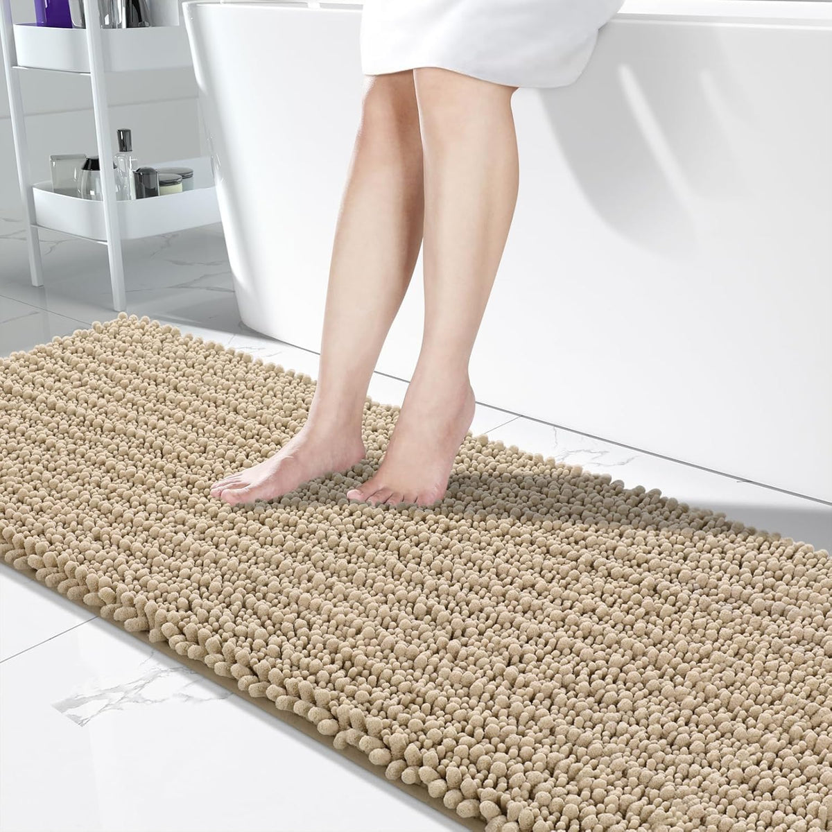 Yimobra Bathroom Runner Rug 70x24 Inch - Extra Long Non Slip Chenille Bath Mat, Soft & Absorbent, Machine Washable Shaggy Hallway Carpet for Vanity Tub Shower, Pale Khaki Home Decor Accessories