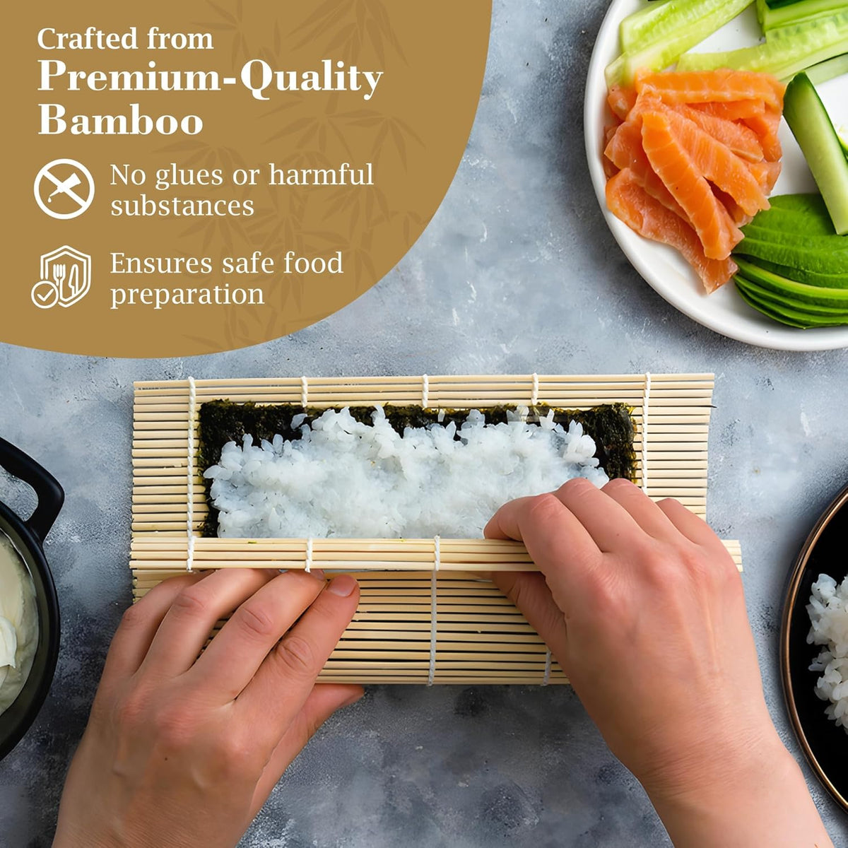 Fusion Select 1 Pk Bamboo Sushi Mat - Sushi Roller Mat for Making, Shaping & Molding Sushi Roll & Kimbap - Food-Safe Sushi Making Supplies, Tools & Accessories - Made of Natural Bamboo - 9.5x9.5