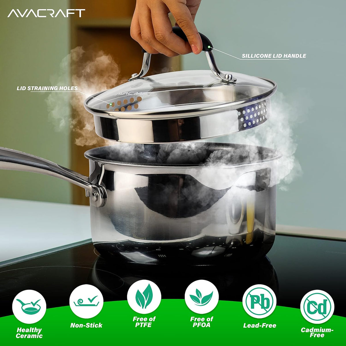AVACRAFT Nonstick Saucepan with Glass Lid, Strainer Lid, 100% PTFE, PFOA Toxins Free, Two Side Spouts for Easy Pour, Multipurpose Sauce Pan with Lid, Ceramic Sauce Pot (2.5 QT Non-Stick Saucepan)