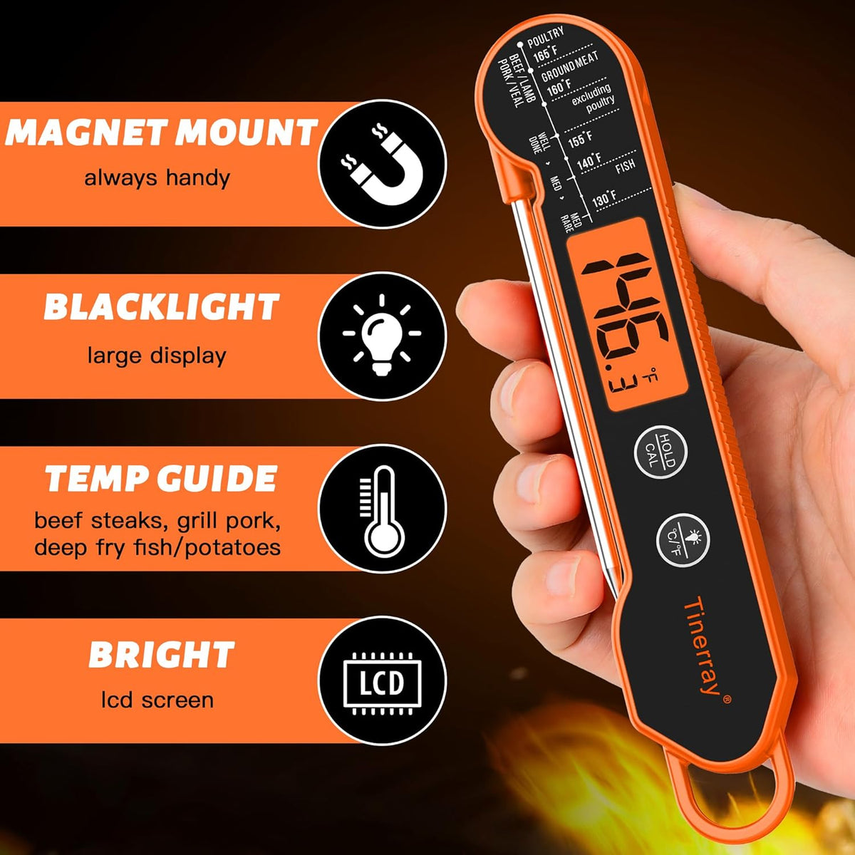 Digital Meat Thermometer Instant Read - Ultra Fast 1s Reading, Waterproof with Backlight & Motion Sensor for BBQ, Grilling, Smoker, Candy, Oil (Orange)