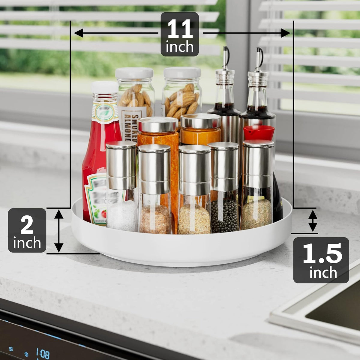 Ovicar Lazy Susan Cabinet Organizer - 11 inch Metal Turntable Lazy Susan for Kitchen Spice Rack Pantry Cupboard Bathroom Countertop Refrigerator Table Storage, White