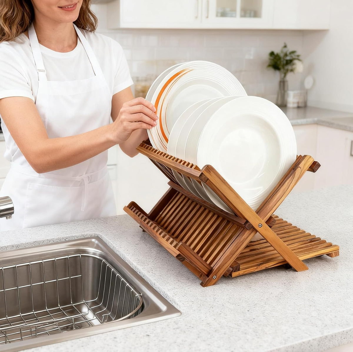 Utoplike Large Teak Dish Drying Rack, Wooden 3 Tier Collapsible Dish Draine for Countertop, Kitchen Organizer for Pasta Plates, Cups