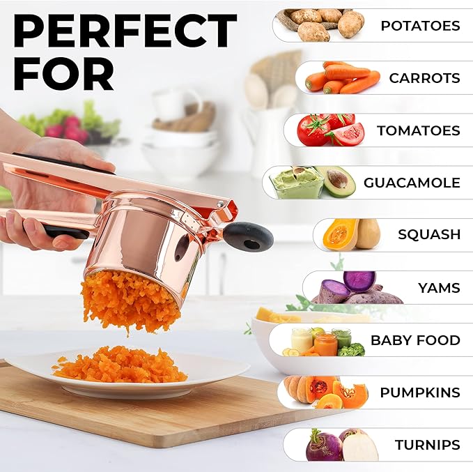 Zulay Kitchen Premium Large 15oz Potato Ricer, Heavy Duty Professional Stainless Steel Potato Masher and Ricer Kitchen Tool, Press and Mash Kitchen Gadget - Rose Gold