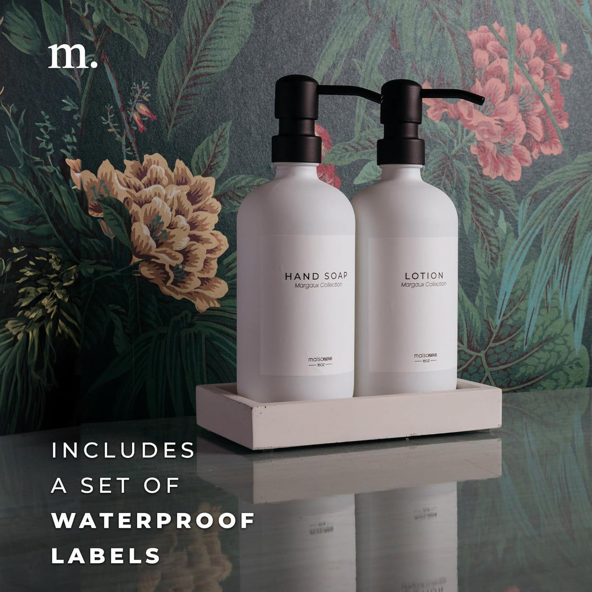 MaisoNovo Soap Dispenser 3-Piece Set | 16.9oz White Bottles with Black Stainless Steel Pumps