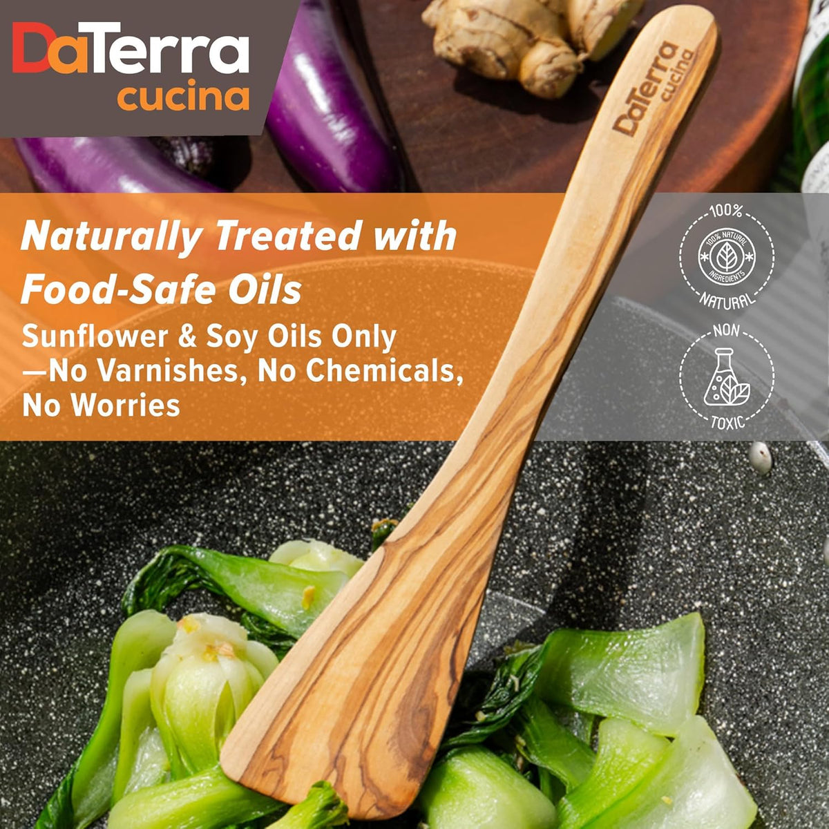 12-Inch Olive Wood Cooking Tools – 5-Piece Wooden Kitchen Utensils Set with Spoons, Spatulas & Cooking Tools – Wood Kitchen Utensils Set for Cooking – Crafted Wood Essentials by DaTerra Cucina
