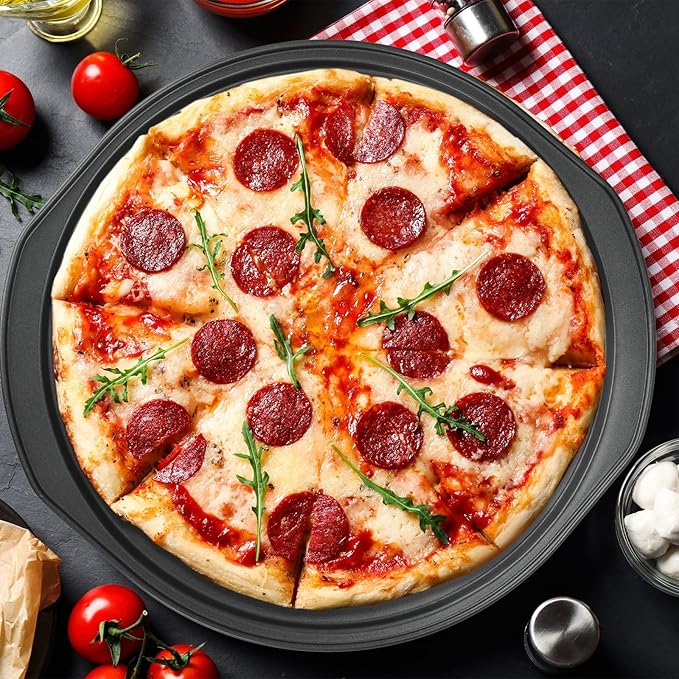 13 Inch Pizza Pan for Oven, 2 Pack Round Pizza Pan with Holes Non-sticking Carbon Steel Pizza Tray with Handles Pizza Baking Pan for Cooking and Grilling Oven Safe