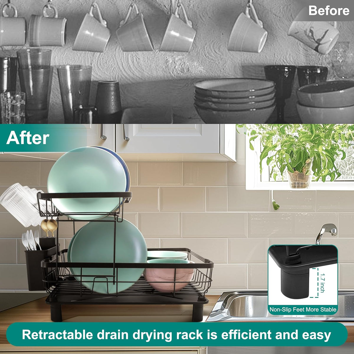 2-Tier Dish Drying Rack for Kitchen Counter,Space-Saving Dish Rack with Drainboard,Rustproof Countertop Dish Drainer with Utensil Holder for Sink,Black