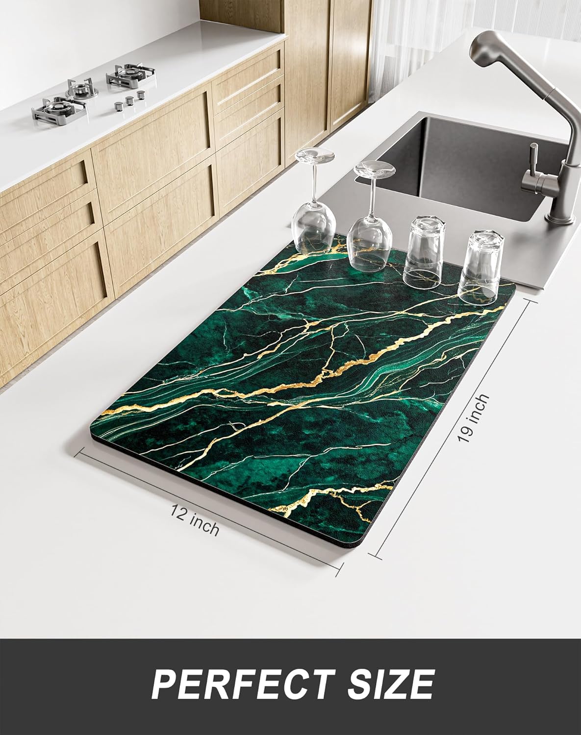Rnivvi Dish Drying Mat for Kitchen Counter, 12 x 19" Cute Marble Super Absorbent Draining Pad, Non-Slip Heat Resistant Coffee Bar Mats for Coffee Machine Station Accessories, Green Gold Dish Rack Pad
