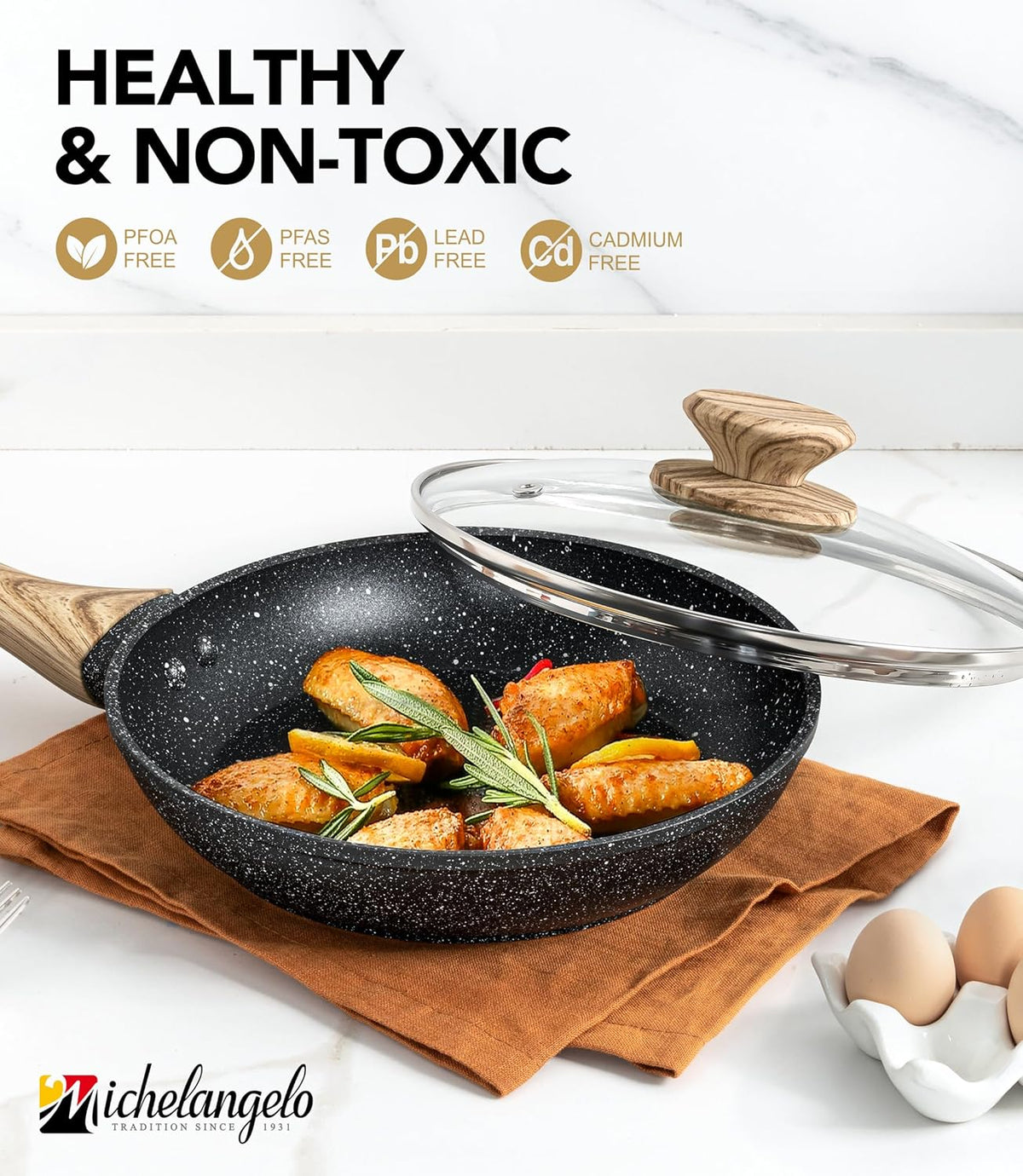 MICHELANGELO 10 Inch Frying Pan with Lid, Nonstick Frying Pan with Healthy Granite Coating, Nonstick Pan with Anti-Scald Handle, Induction Compatible