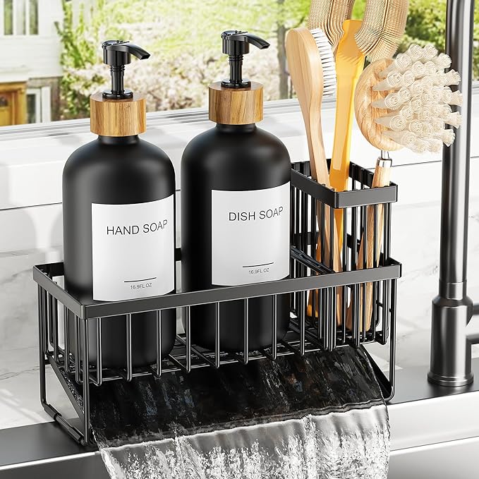 Cisily Kitchen Dish Soap Dispenser Set with 2 Pack 16.9oz Black Glass Bottle and Sponge Holder, Dish Soap Dispensers with Adjustable Sponge Holder, Vintage Hand and Dish Soap Dispensers Set