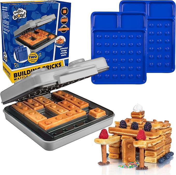 Building Brick Electric Waffle Maker- GREY with 2 Construction Eating Plates- Cook Fun Buildable Waffles in Minutes Like Houses, Cars & More- Revolutionize Breakfast - Stack & Build on Serving Dishes