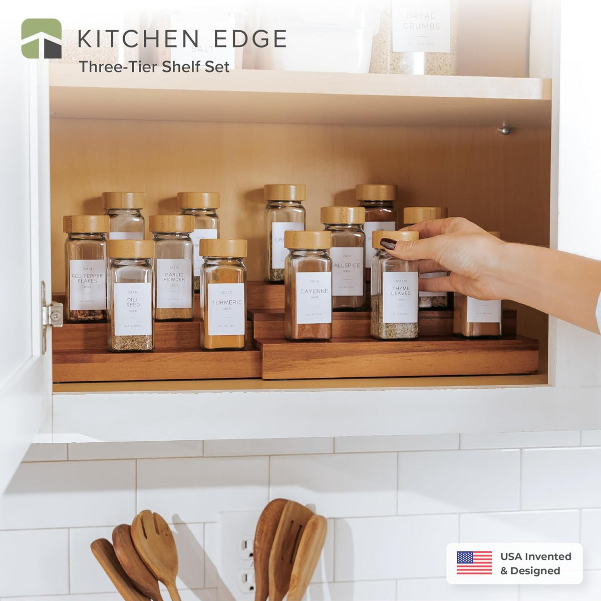 KitchenEdge Expandable Spice Rack Organizer for Cabinet, 3-Tier Shelf for Spice Organization (11” to 22”), Fits 36 Spice Jars, Seasoning and Pantry Storage, Non-Slip Feet, 100% Acacia Wood