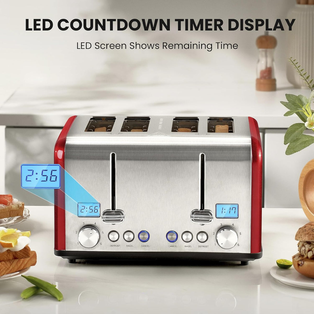 Countdown Stainless Steel 4 Slice Toaster with Bagel, Defrost, Cancel Function, Dual Toaster, Extra Wide Slots, 6 Shade Settings, Removable Crumb Trays, 1650W, Red