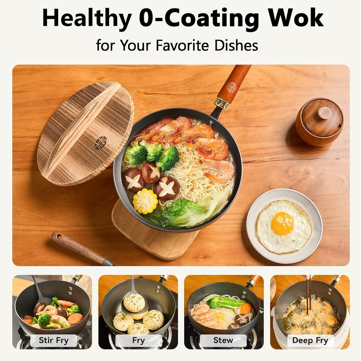 WANGYUANJI Iron Wok 8.7 Inch Deep Frying Skillet with Wooden Lid – Versatile Flat Bottom Stir-Fry Pan, Chemical-Free & Induction Compatible, Ideal Wrought Iron Small Wok for Home, Chef & Pro Use