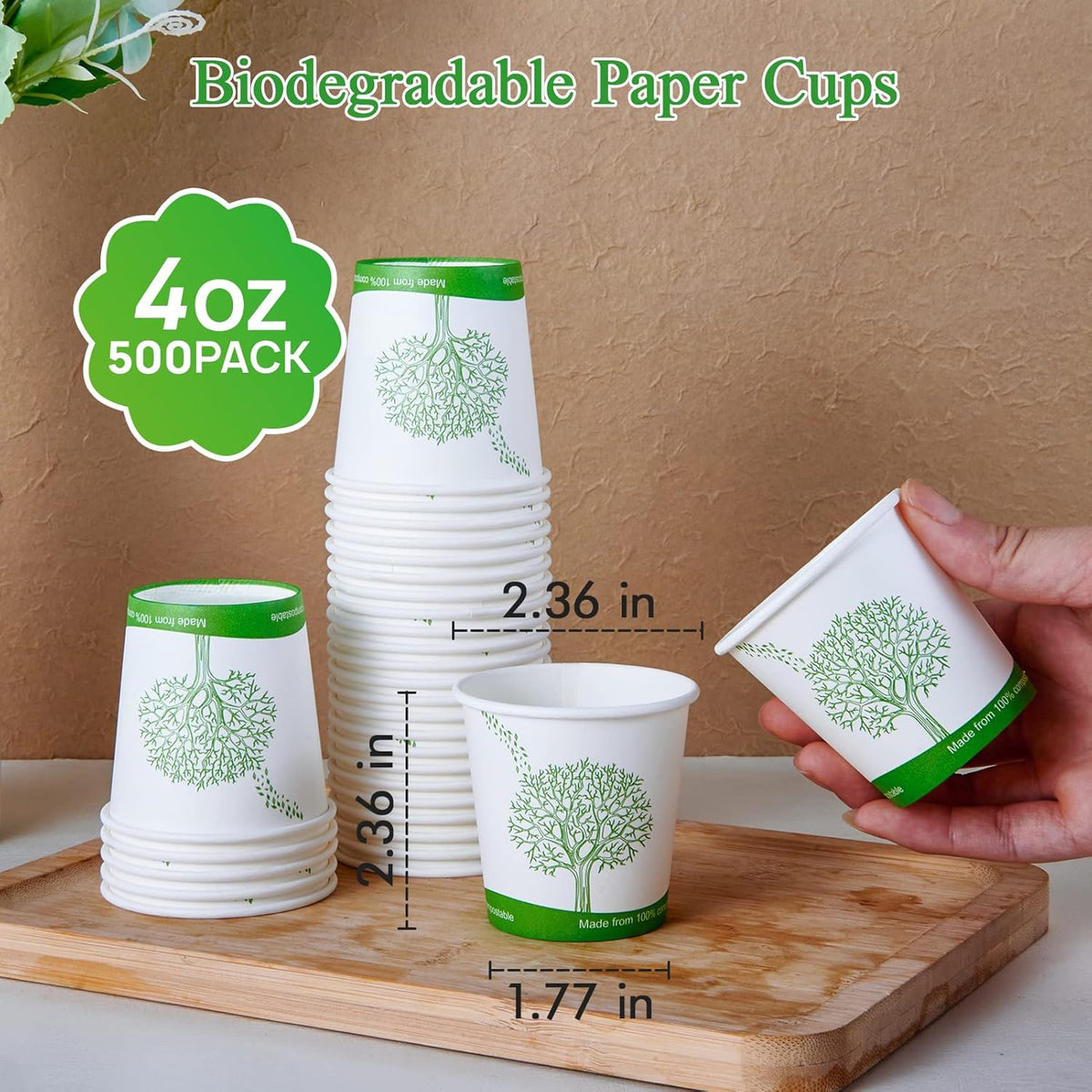 ECOLipak 500 Count Compostable Paper Cups, 4 oz Paper Espresso Coffee Cups with PLA Lined, Disposable Eco-friendly Biodegradable Hot Paper Cups for Party, Picnic,Travel,and Events