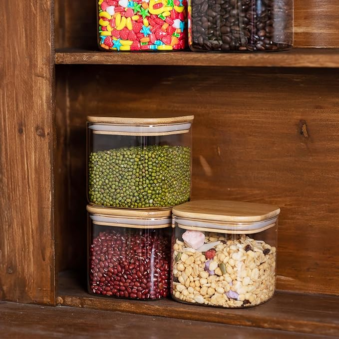 Glass Food Storage Jars 27oz Set of 6,Glass Storage Containers Clear Glass Food Canister with Bamboo Lid Airtight For Serving Tea, Coffee, Flour, Sugar, Candy, Cookie, Spice and More (Square)