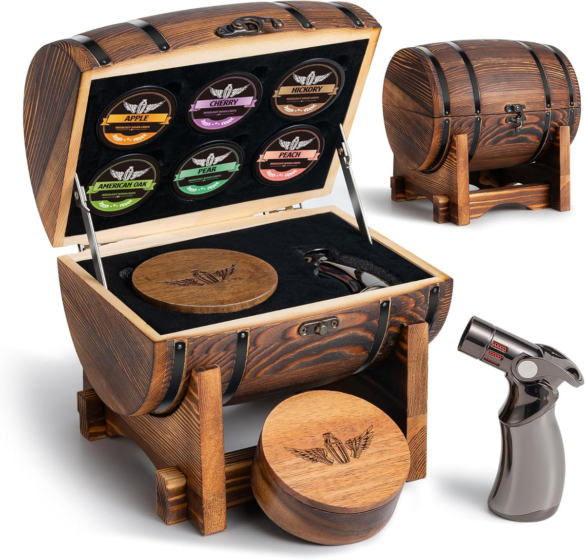 Whiskey Smoker Kit with Charred Wood Barrel (Patent Pending) – Cocktail Smoker with Torch & 6 Premium Wood Chips for Old Fashioned & Whiskey – Perfect Home Bar Gift for Men, Dad, Husband (No Butane)