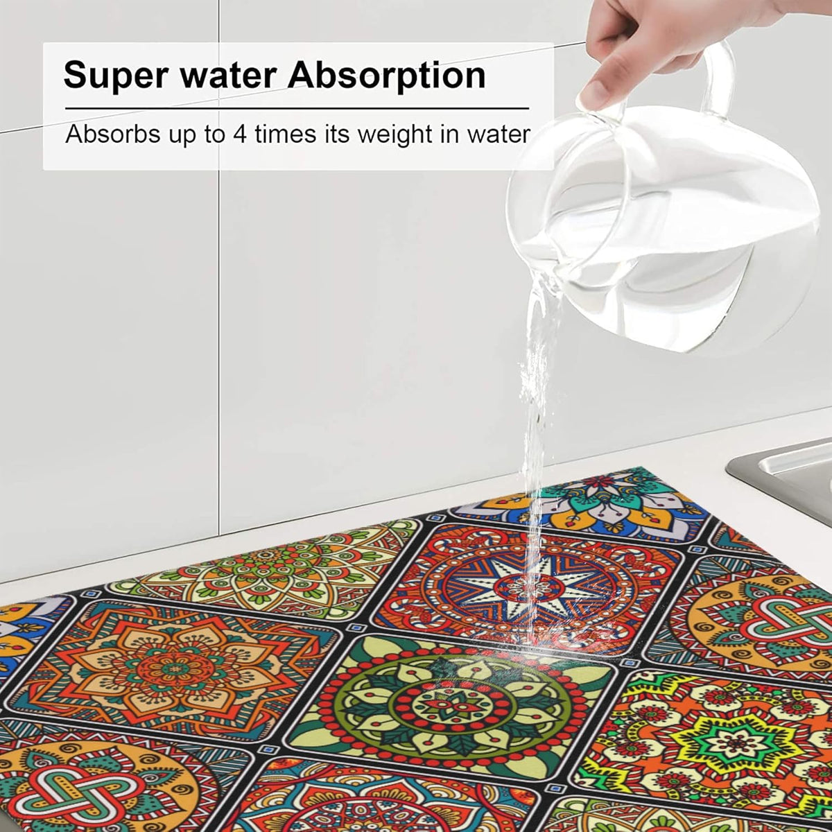 Mandala Colorful Kitchen Drying Mat Retro Microfiber Dish Drainer Mat for Kitchen Counter Boho Decor Absorbent Reusable Washable 16x18 Inch