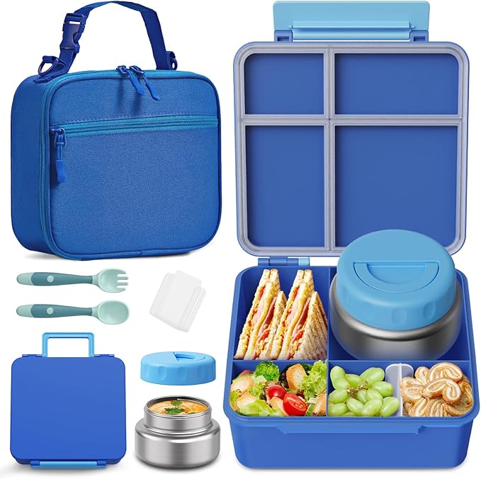 Bento Box for Kids with Thermo Food Container (9oz), 4-Compartment Lunch Box, Adjustable Divider, Leakproof Bento Lunch Box, Includes Utensils & Carry Bag for School, Office(Blue)