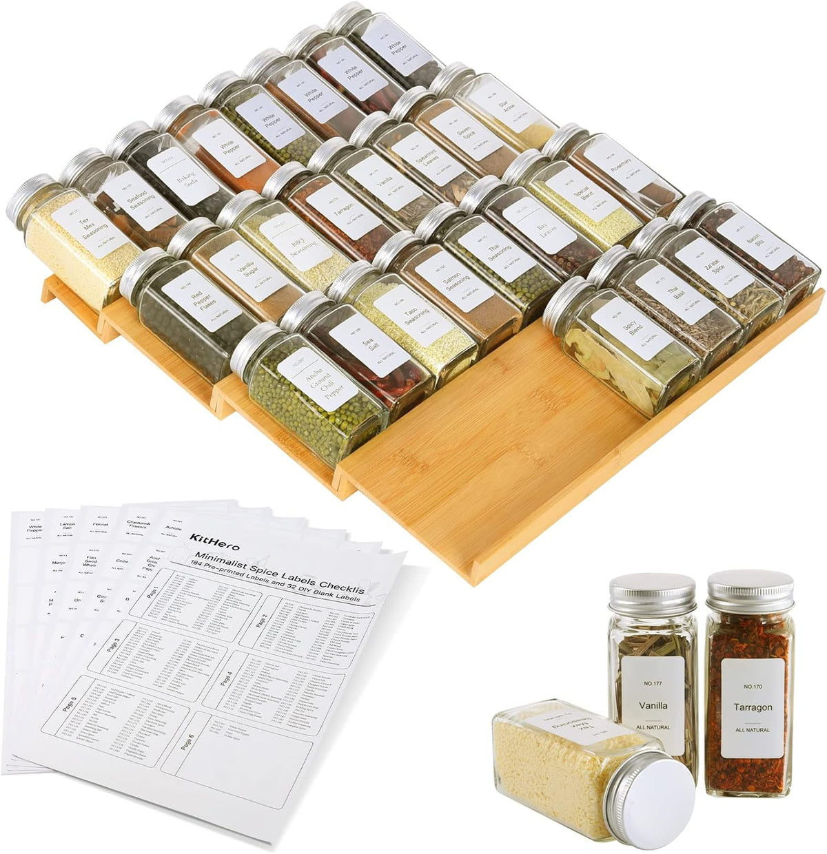 Spice Drawer Organizer with 28 Spice Jars,216 Labels,25 Non-slip Rubber, Bamboo 4 Tier Seasoning Rack Tray Insert for Kitchen Drawers,Cabinets,Countertop,14.6" Wide x 15.8" Deep