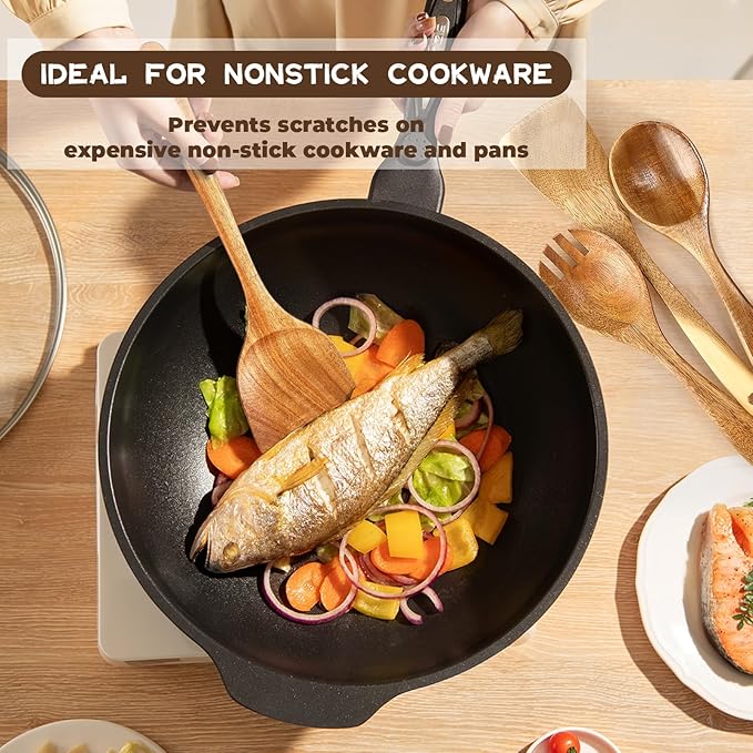 Wooden Spoons for Cooking, 9 Pieces Natural Acacia Kitchen Utensils Set, Long Handles Heat Resistant Kitchen Wooden Cookware for Nonstick Pan (9)
