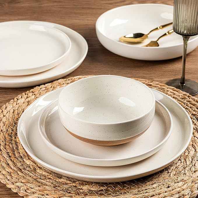 AmorArc Ceramic Dinnerware Sets with Pasta Bowls for 6, Handpainted Plates and Bowls Set with Rustic Terracotta Underside, Scratch Resistant Dishes Set, Dishwasher & Microwave Safe, 24 Pcs