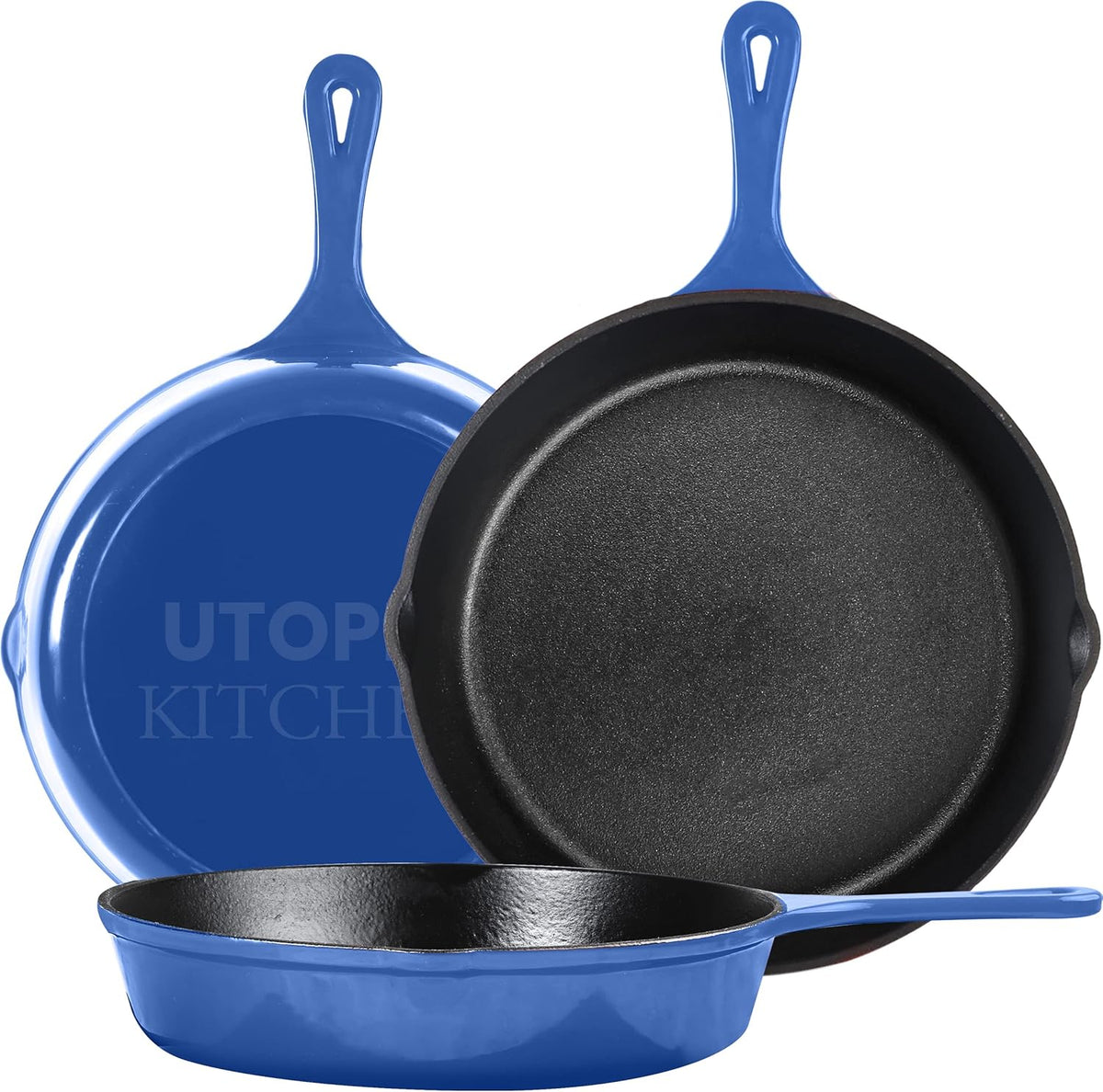 Utopia Kitchen Cast iron Skillets 3 Piece Set, Chefs Pan, Pre Seasoned Cast iron Skillets, 6, 8 & 10 Inches, Easy Use in the Oven, Stove, Grill, or Campfire, Blue