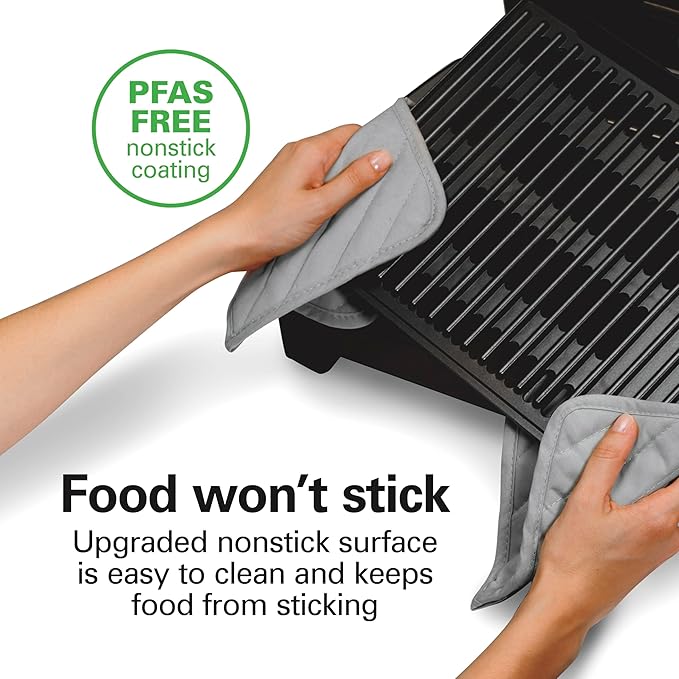Hamilton Beach Electric Indoor Searing Grill with Adjustable Temperature Control to 450F, 118 sq. in. Surface Serves 6, PFAS-Free Removable Nonstick Grate, Stainless Steel (25360)