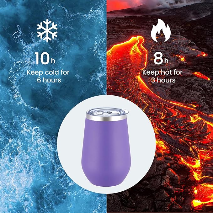MEWAY 12oz Stainless Steel Wine Tumbler with Lid - Double Wall Vacuum Insulated Swig cups for Hot and Cold Drinks, Ideal for Coffee, Wine, Beer, gifts for Women under 10 dollars(Purple,Set of 8)