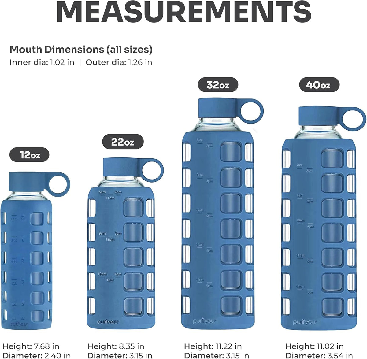 purifyou Premium 40/32 / 22/12 oz Glass Water Bottles with Times to Drink and Volume, Silicone Sleeve & Stainless Steel Lid Insert, Reusable for Fridge Water, Fruit Juice (32oz Chinese Porcelain)