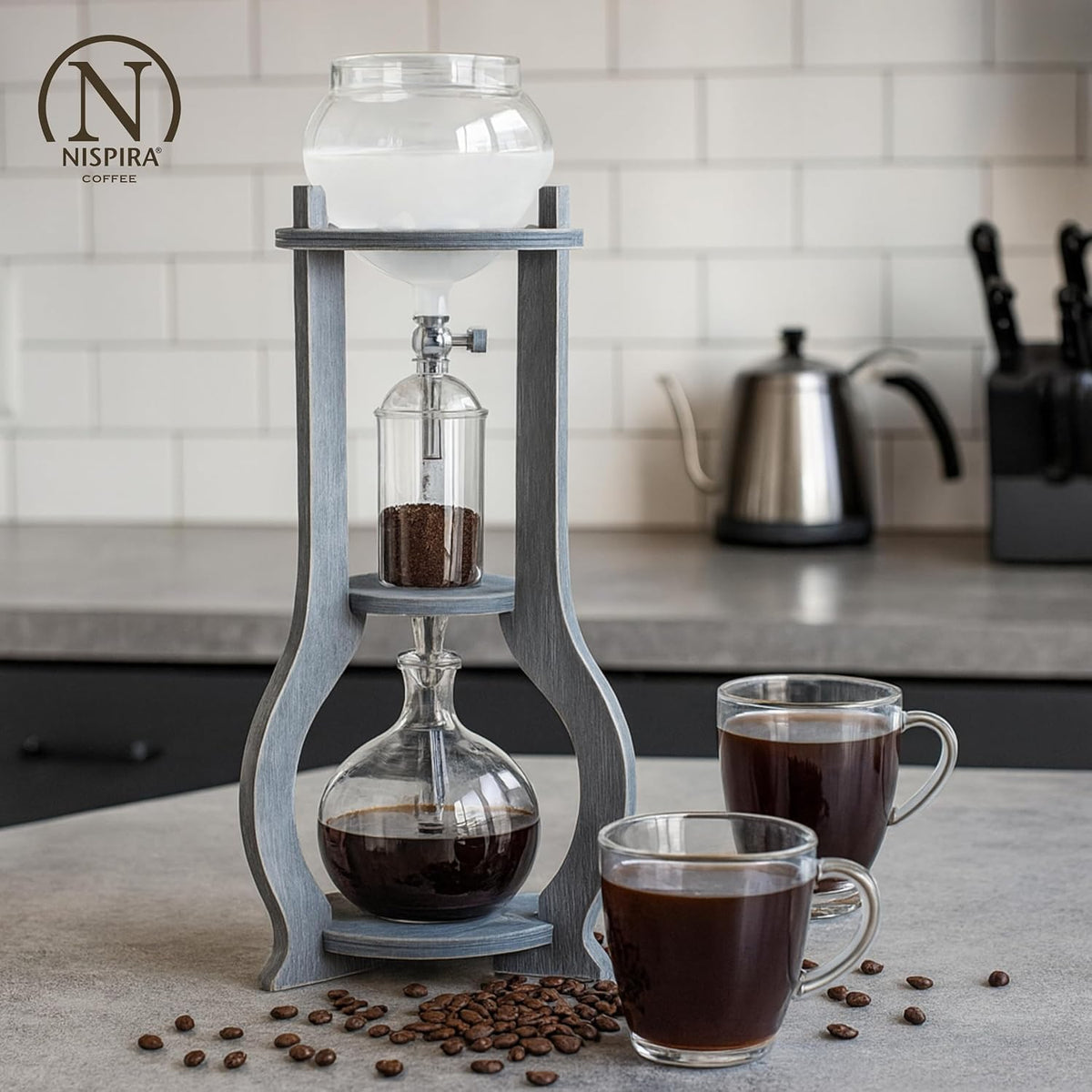 Nispira Iced Coffee Cold Brew Drip Tower Coffee Maker Wooden, 6-8 cup, Grey