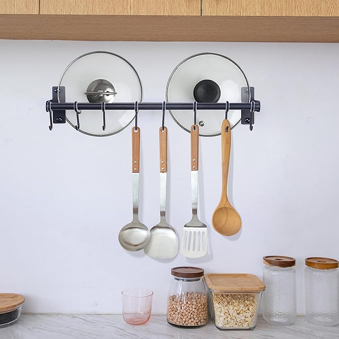 Dseap Pot Rack - Pots and Pans Hanging Rack Rail with 8 Hooks, Double Bars, Pot Hangers for Kitchen, Wall Mounted,Black