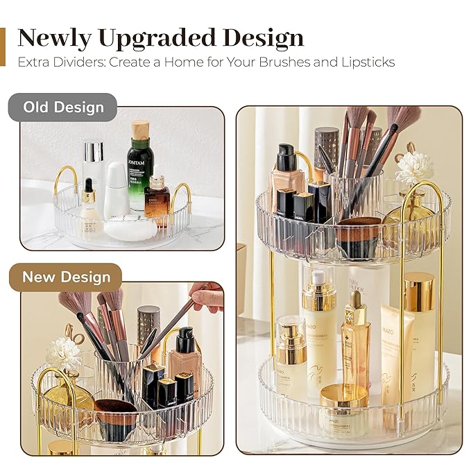 Aveniee 360 Rotating Makeup Organizer for Vanity, Upagraded Perfume Skincare Bathroom Counter Organizers with Brush Divider, Two Tier Spinning Lipstick Cosmetic Lotion Storage,White