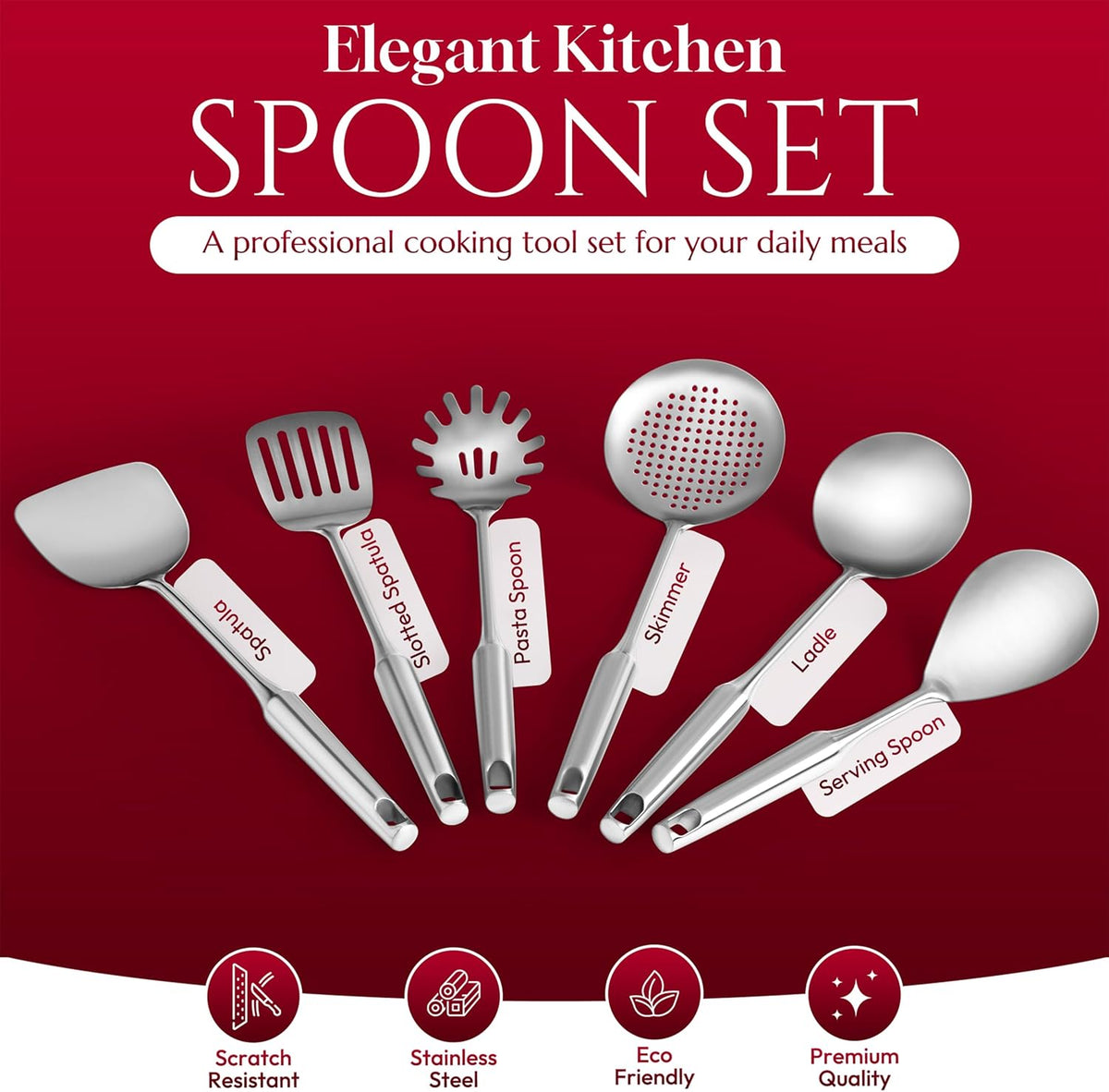 6 Pc Stainless Steel Cooking Utensils Set with Ergonomic Handles – Heat Resistant Kitchen Tools Includes Slotted Spatula, Skimmer Ladle, Spatula, Serving Spoon, Pasta Spoon Ideal for Cooking