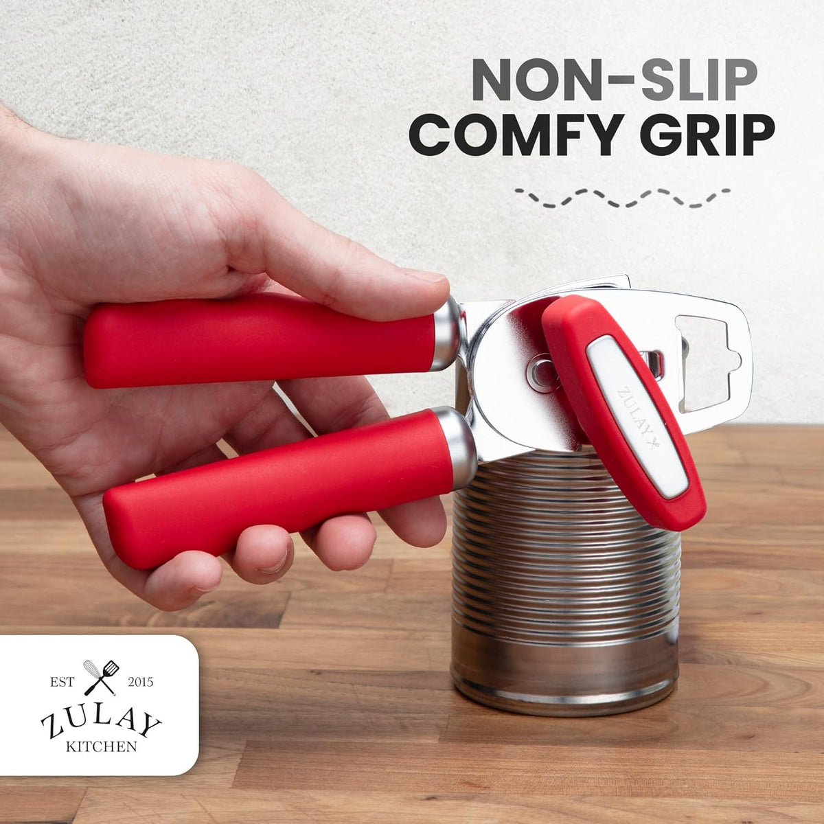 Zulay Kitchen Heavy Duty Stainless Steel Can Opener Manual with Bottle Opener - Rust Proof Manual Can Opener With Turn Knob & Comfy Soft Grip Handles - Cherry Red