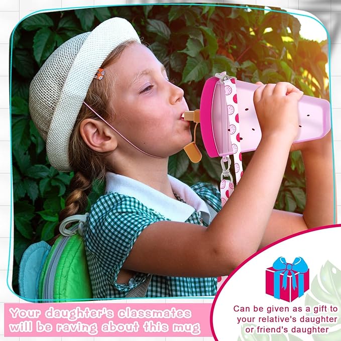 Patelai 8 Pcs Cute Water Bottles with Straw Kawaii Watermelon Ice Cream Cups Leak Proof Drinking Bottles with Adjustable Shoulder Strap for Sports Travel Camping(Classic Style)
