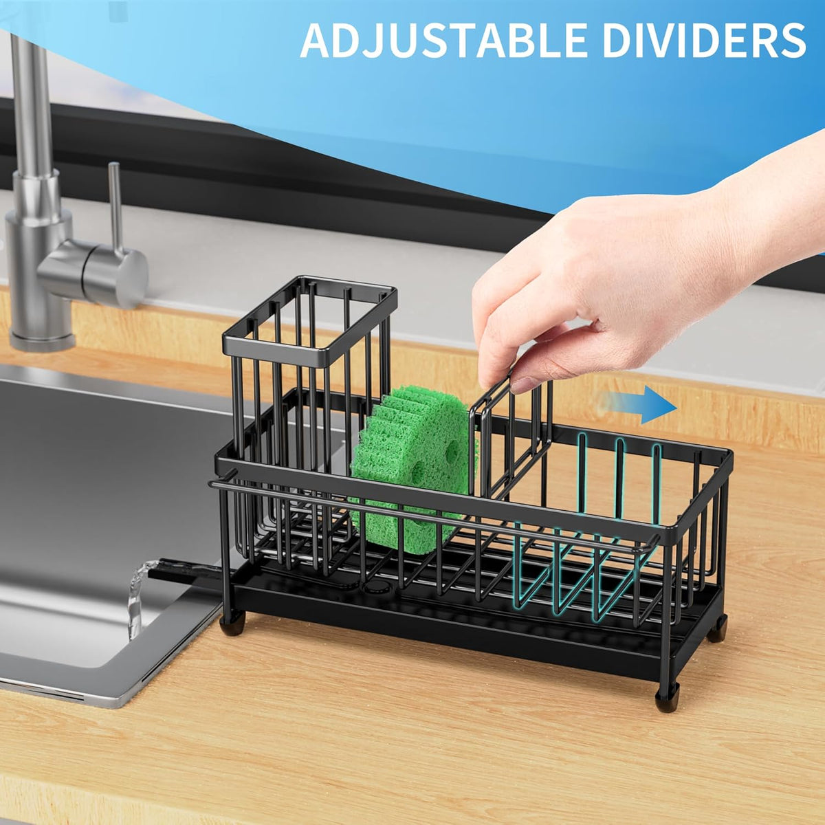 Cisily Sponge Holder for Kitchen Sink with Towel Rack, Sink Caddy with Kitchen High Brush Holder, Organzier Rustproof 304 Stainless Steel Dish Organizer Divider, Soap Dispenser Storage