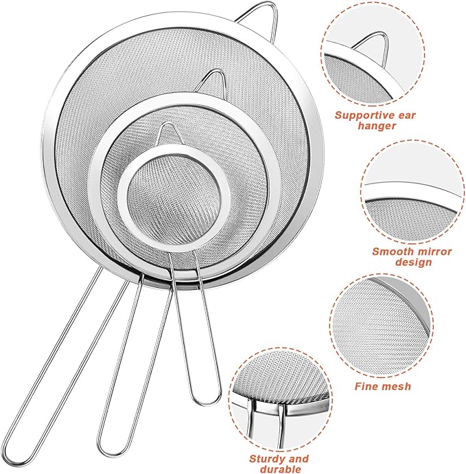 3Pcs Super Wire Extra Fine Mesh Strainer with Handle, Small Medium Large Size Sifter Metal Strainer Set, Stainless Steel Sieve Fine Mesh Strainers for Kitchen Rice Juice Quinoa Food Flour Baking YLYL