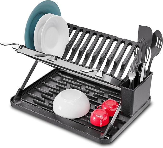 Home Zone Living Foldable Dish Drying Rack with Removable Utensil Caddy and Drip Tray