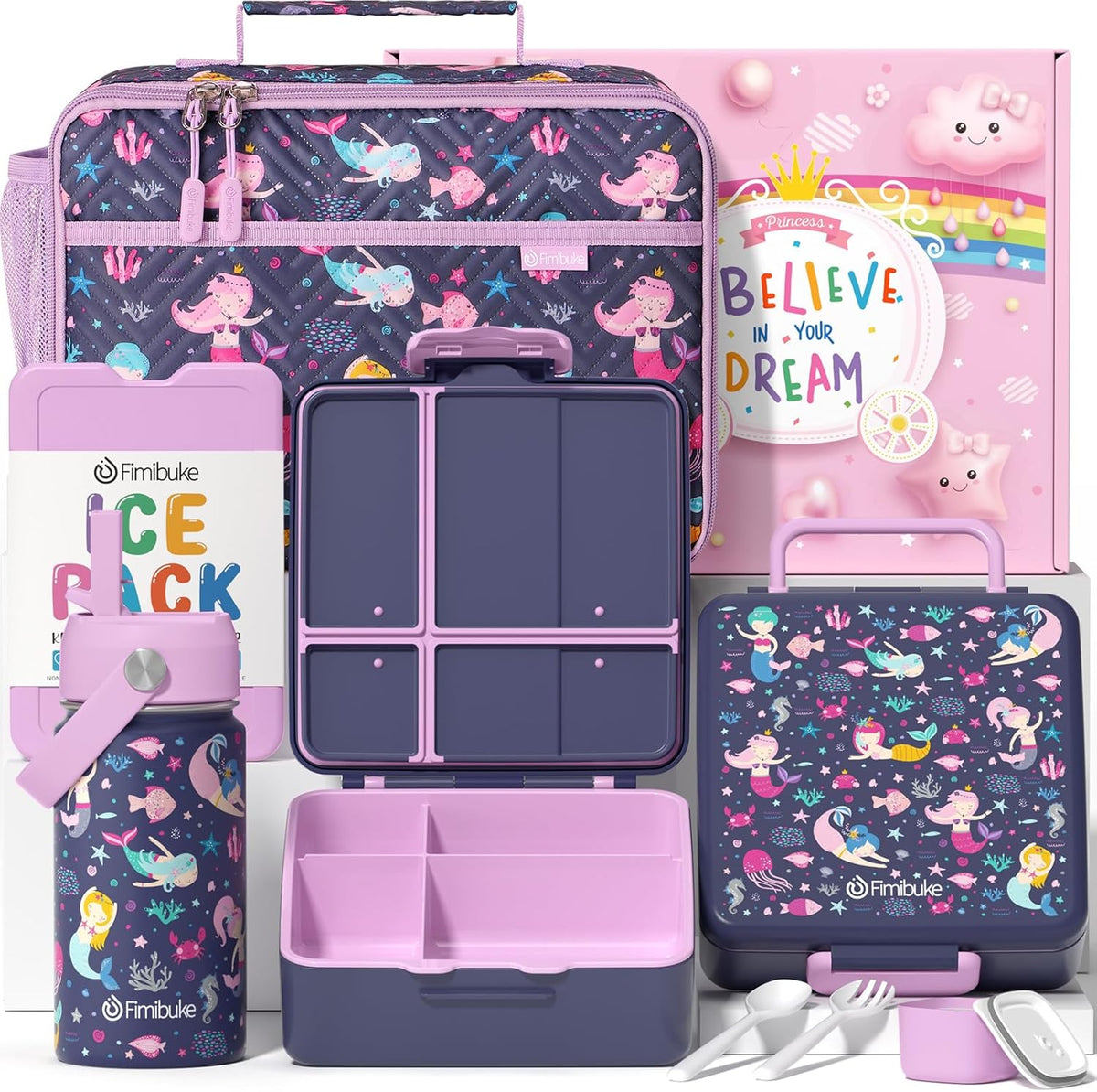Fimibuke Kids Bento Lunch Box with 4 Compartments, Insulated lunch Bag, Stainless Steel Insulated Water Bottle, Ice Pack & Utensils Set, Birthday Gifts for Ages 3-12 Back to School Toddler Girls Boys