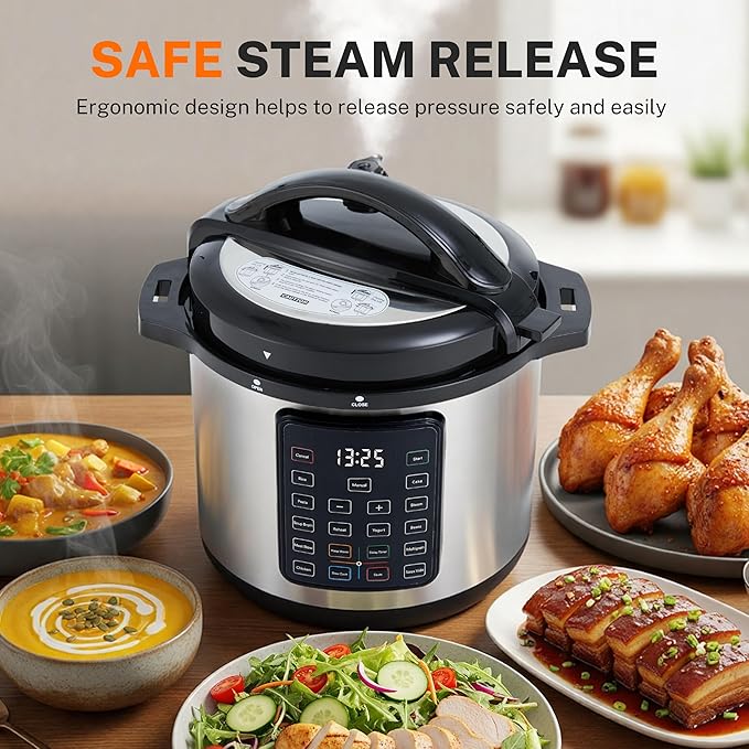 Simple Deluxe 16-in-1 Electric Pressure Cooker, 8QT Stainless Steel & Non-Stick Multi Cooker for Slow Cook, Meat Stew, Cake, Porridge, Multigrain, Dishwasher Safe, Silver