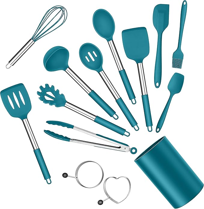 Silicone Cooking Utensils Set, E-far 14-Piece Blue Kitchen Utensils Set with Holder, Kitchen Tools Spatulas with Stainless Steel Handle for Non-stick Cookware, Heat Resistant & Dishwasher safe