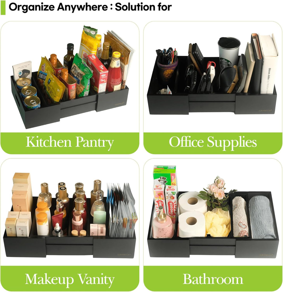 Expandable Kitchen Cabinet Organizer for Food Storage Container Lids, Bamboo Drawer Caddy Adjustable Dividers, Box for Kitchen Storage and Organization, Lids Organizer for Cabinet (Black)